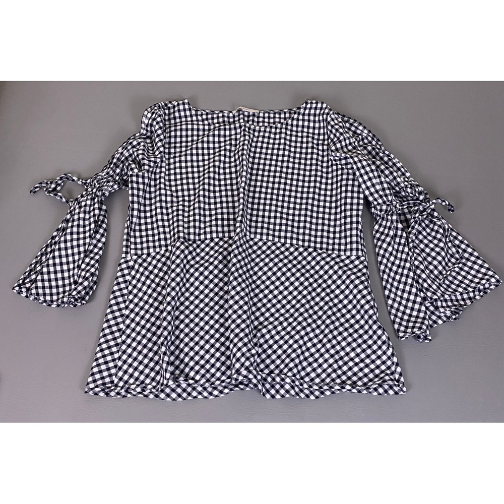 Ann Taylor LOFT Blouse Top XL Black White Gingham Peplum Smocked 3/4 Sleeve